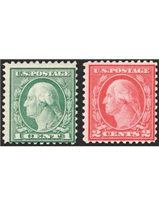 U.S.A. - 1919 - 1 c. + 2 c. dent. 11, serie n° 364/65. Cert.: RD. Cat. € 1.480 (**)