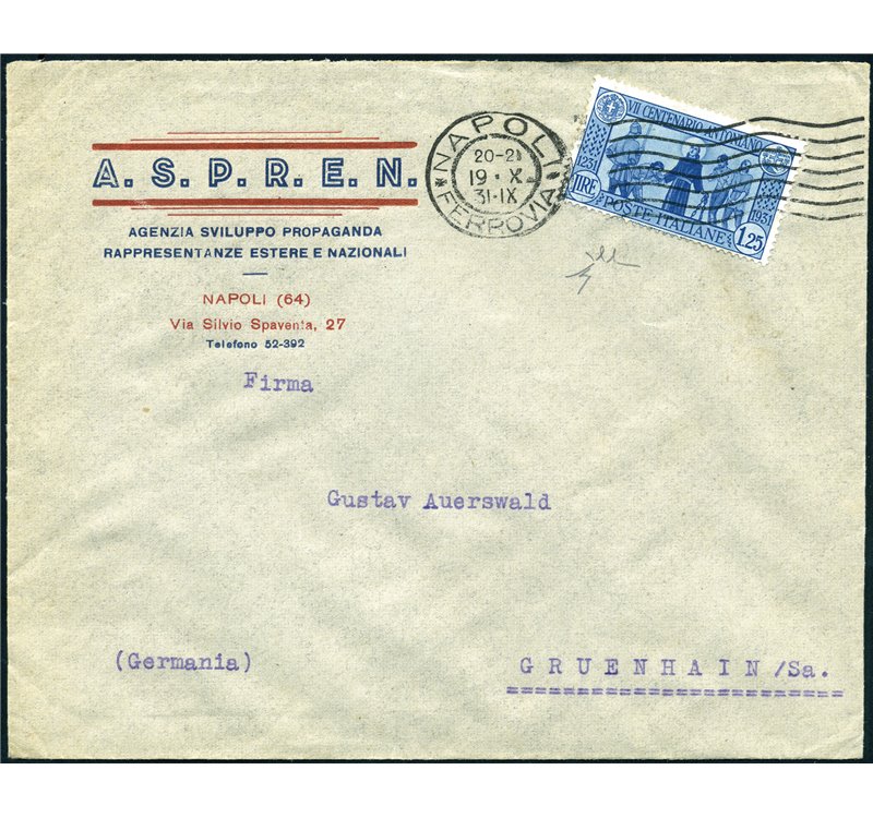 Italia Regno - 1931 - Lettera da Napoli per Gruenhain (Germania), con S. Antonio 1,25 £ n° 297. Firm.: Chia