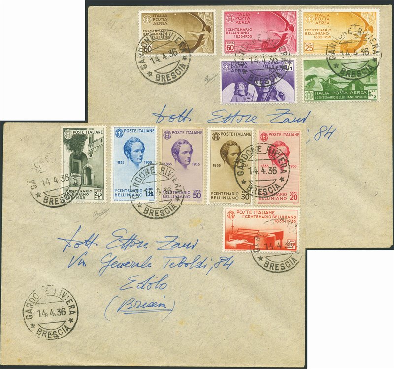 Italia Regno - 14/4/1936 - 2 Lettere da Gardone Riviera per Brescia affrancate l'una con serie Bellini di posta ordinaria n° 388