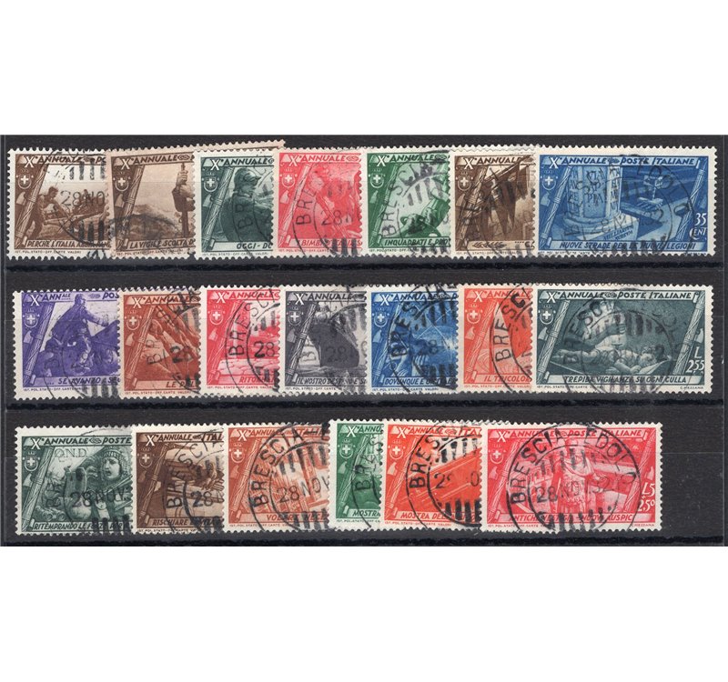 1932 - Marcia su Roma, serie n° 325/40 + P.A. 42/43 + Ex 17/18 con annulli originali in data. Cert.: IC. Cat. € 1.200 (U)