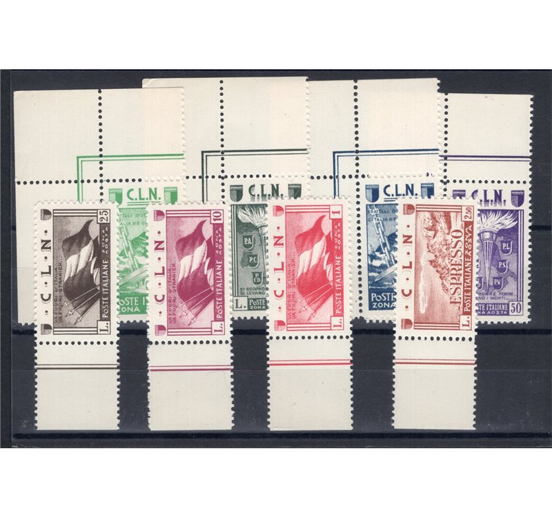 Emissioni C.L.N. - Aosta - 1944 - Soggetti vari, serie n° 9/16. Cat. € 250 (**)