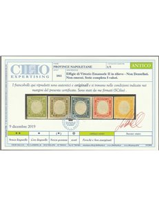 Italia 1861 - Prov. Napoletane Vitt. Emanuele in rilievo, serie non emessa n° 1/5. Cert.: Cilio. Catalogo € 800 (**)