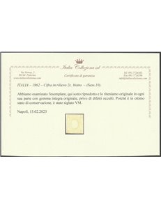 Italia 1862 - Cifra in rilievo 2 c. bistro. Cert.: Italia Colleziona. Cat. € 240 (**)