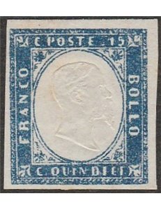 Italia 1863 - Effigie di Vittorio Emanuele in rilievo 15 c. azzurro. Cert.: Italia Colleziona. Cat. € 360 (**)