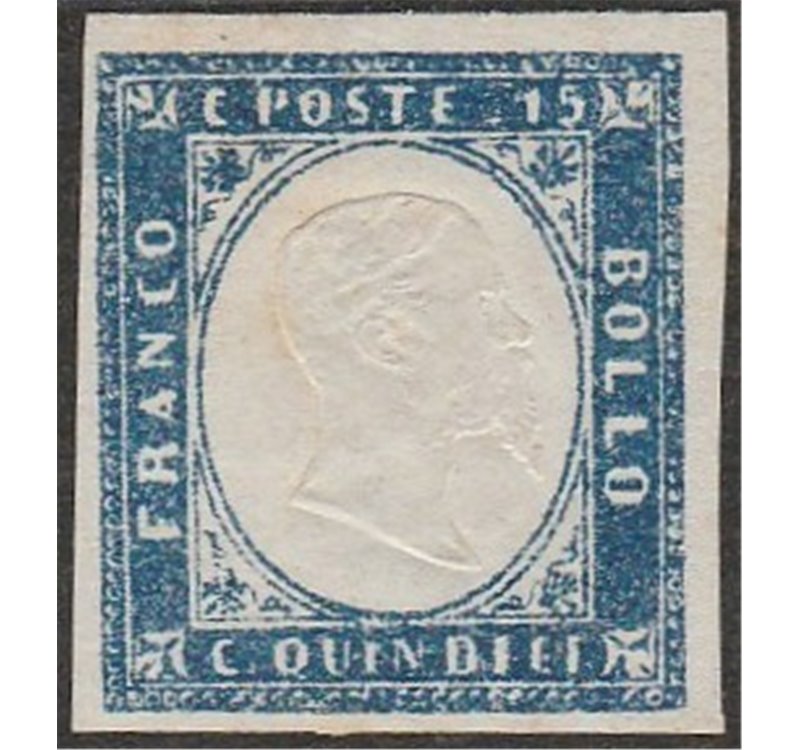 Italia 1863 - Effigie di Vittorio Emanuele in rilievo 15 c. azzurro. Cert.: Italia Colleziona. Cat. € 360 (**)
