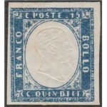 Italia 1863 - Effigie di Vittorio Emanuele in rilievo 15 c. azzurro. Cert.: Italia Colleziona. Cat. € 360 (**)