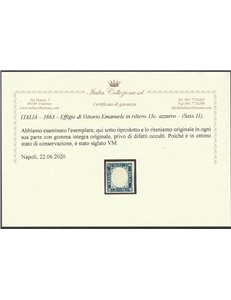 Italia 1863 - Effigie di Vittorio Emanuele in rilievo 15 c. azzurro. Cert.: Italia Colleziona. Cat. € 360 (**)