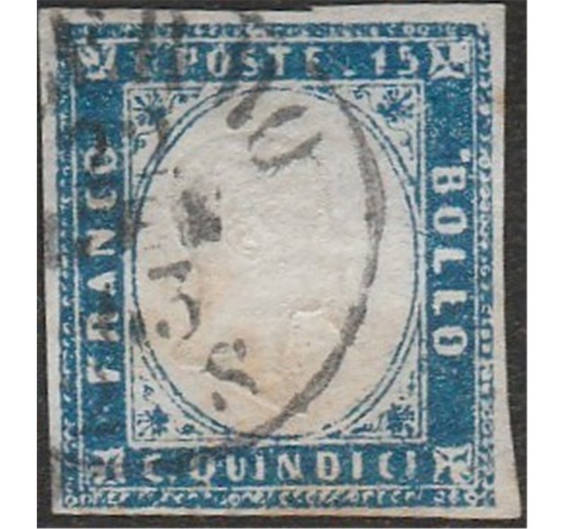 Italia 1863 - Vitt. Emanuele II. 15 c. Azzurro  Cat. € 90. (U)