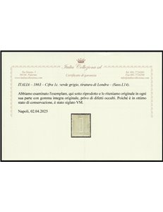Italia 1863 - cifra 1 c. verde grigio, tiratura di Londra. Cert.: Italia Colleziona. Cat. € 500. (**)