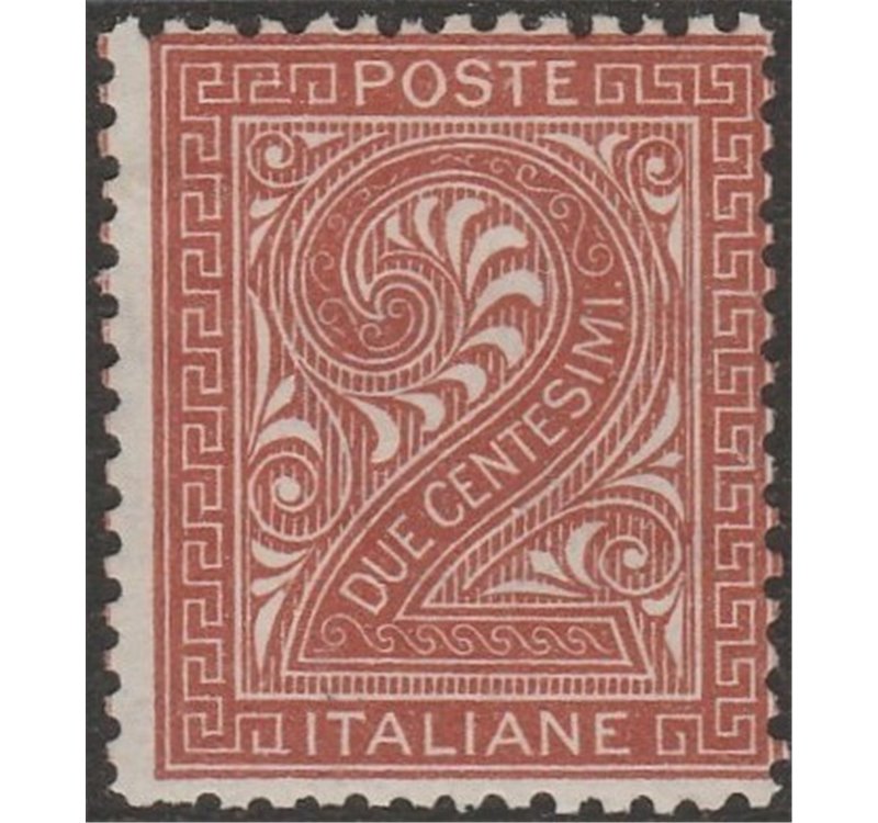 Italia 1863 - Cifra 2 c. bruno rosso, tiratura di Londra. Cert.: Italia Colleziona. Cat. € 2750 (**)