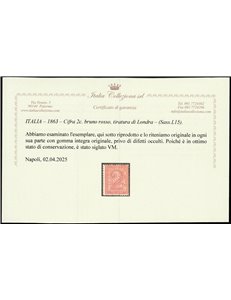 Italia 1863 - Cifra 2 c. bruno rosso, tiratura di Londra. Cert.: Italia Colleziona. Cat. € 2750 (**)