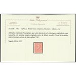 Italia 1863 - Cifra 2 c. bruno rosso, tiratura di Londra. Cert.: Italia Colleziona. Cat. € 2750 (**)