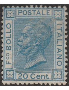 Italia 1867 - Effigie di Vittorio Emanuele II 20 c. azzurro, tiratura di Torino. Cat. € 500. (*)