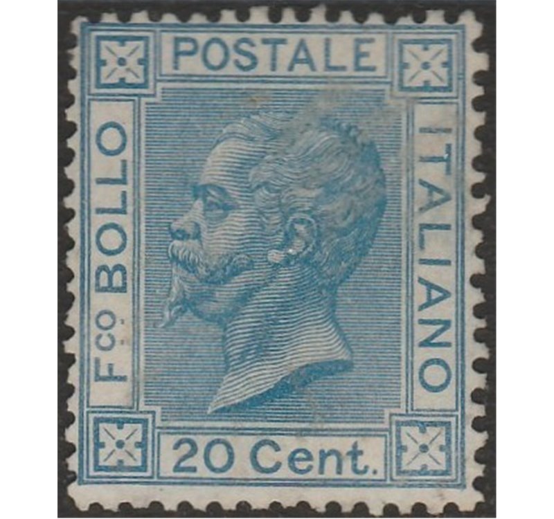 Italia 1867 - Effigie di Vittorio Emanuele II 20 c. azzurro, tiratura di Torino. Cat. € 500. (*)