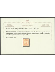 Italia 1879 - Effigie di Umberto I 20 c. arancio. Cert.: Italia Colleziona. Cat. € 700 (**)