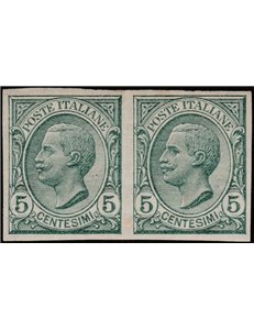 Italia 1906 - Vitt. Emanuele III 5 c. verde coppia orizzontale non dentellata. Cat. € 150 (**)