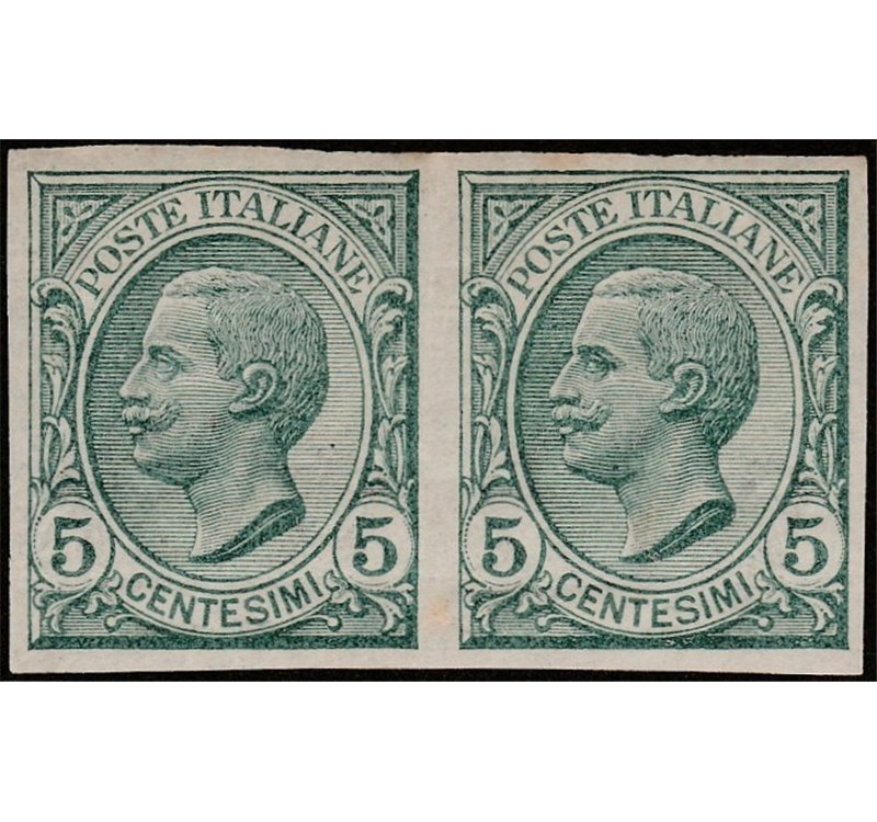 Italia 1906 - Vitt. Emanuele III 5 c. verde coppia orizzontale non dentellata. Cat. € 150 (**)