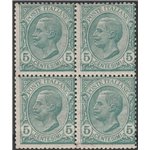 Italia 1906 - Leoni 5 c. verde, quartina con doppio decalco di cui uno parziale obliquo. Cat. € 240. (**)