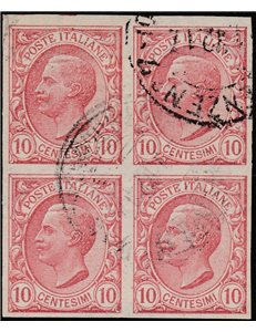 Italia 1906 - Vitt. Emanuele III. 10 c. rosa. Quartina non dentellata e con filigrana lettere 6/10 in alto. (U)