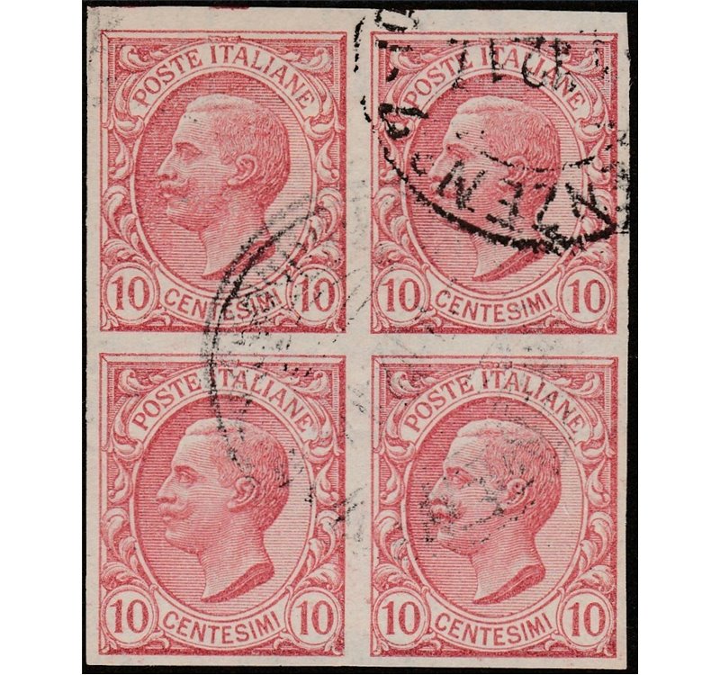 Italia 1906 - Vitt. Emanuele III. 10 c. rosa. Quartina non dentellata e con filigrana lettere 6/10 in alto. (U)