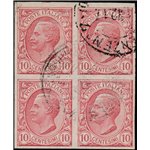 Italia 1906 - Vitt. Emanuele III. 10 c. rosa. Quartina non dentellata e con filigrana lettere 6/10 in alto. (U)