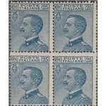 Italia 1908 - Michetti 25 c. azzurro con nitido decalco al verso. Quartina. Cat. € 60. (**)