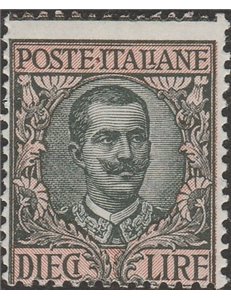 Italia 1910 - Floreale L. 10 oliva e rosa. Cat. € 350 (**)