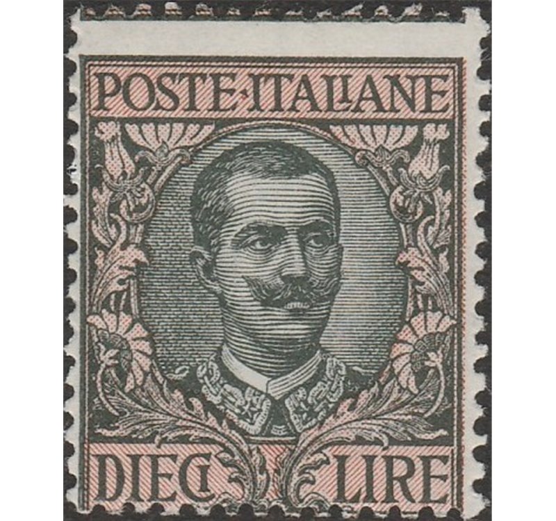 Italia 1910 - Floreale L. 10 oliva e rosa. Cat. € 350 (**)
