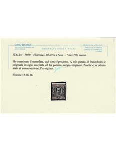 Italia 1910 - Floreale L. 10 oliva e rosa. Cat. € 350 (**)