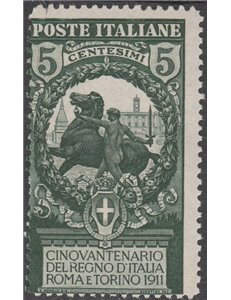Italia 1911 - 50 ° Anniversario dell'Unità d'Italia, 5 c. verde dentellato 13 ½.  Cert.: Biondi. Cat. € 375 (**)