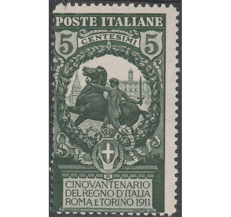 Italia 1911 - 50 ° Anniversario dell'Unità d'Italia, 5 c. verde dentellato 13 ½.  Cert.: Biondi. Cat. € 375 (**)