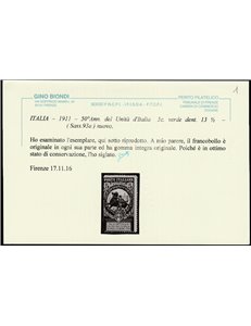 Italia 1911 - 50 ° Anniversario dell'Unità d'Italia, 5 c. verde dentellato 13 ½.  Cert.: Biondi. Cat. € 375 (**)