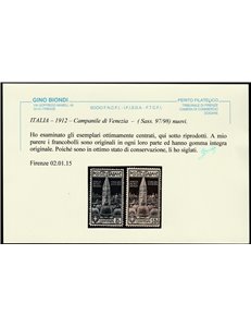 Italia 1912 - Campanile di Venezia, ottimamente centrato. Cert.: Biondi. Cat. € 900 (**)
