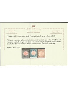 Italia 1921 - Annessione della Venezia Giulia, la serie. Ottimamente centrata. Cert.: Italia Colleziona. Cat. € 375 (**)