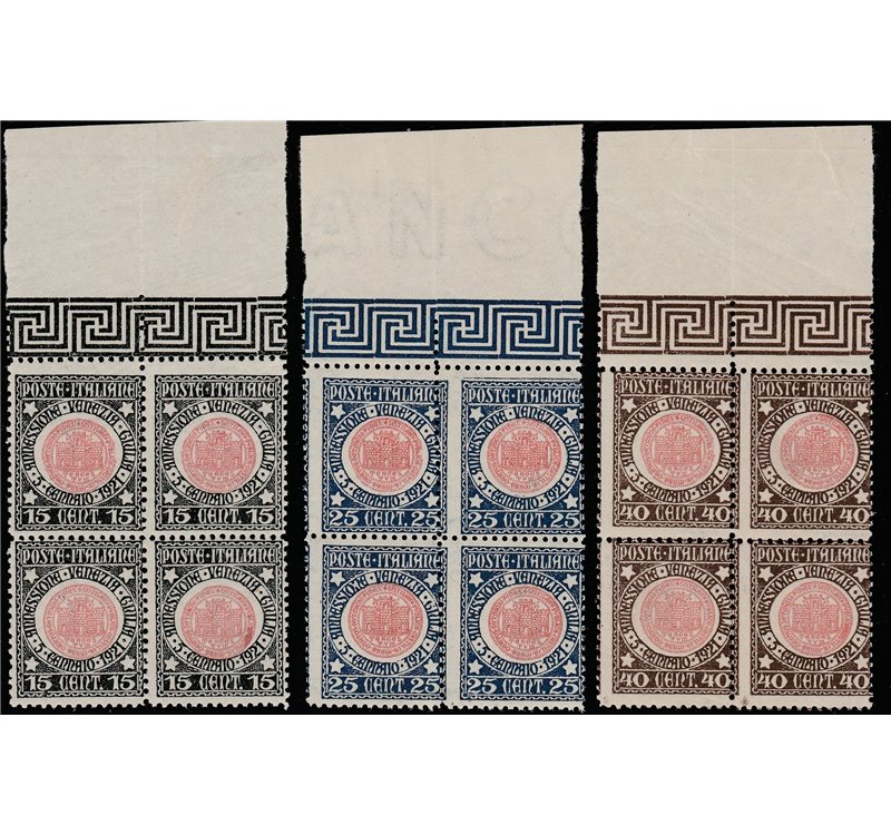 Italia 1921 - Annessione della Venezia Giulia. la serie in quartina angolo di foglio. Cat. € 330 (**)