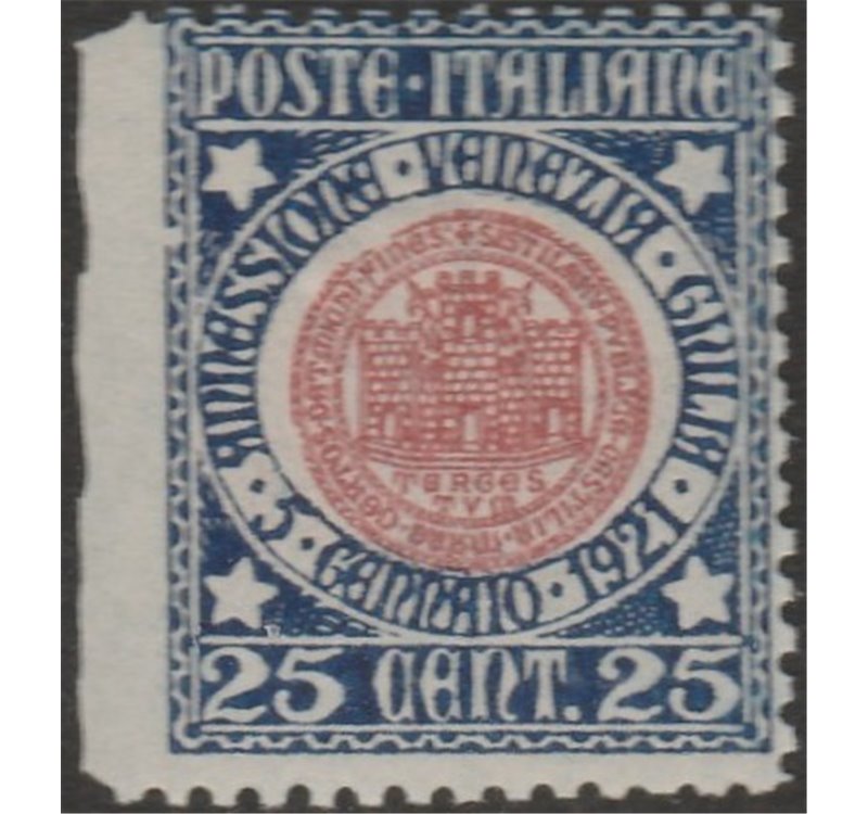 Italia 1921 - Annessione della Venezia Giulia 25 c. azzurro e rosa, non dentellato a sinistra. Non catalogato Cat. € (630). (**)