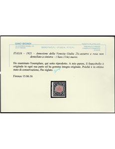 Italia 1921 - Annessione della Venezia Giulia 25 c. azzurro e rosa, non dentellato a sinistra. Non catalogato Cat. € (630). (**)