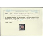 Italia 1921 - Annessione della Venezia Giulia 25 c. azzurro e rosa, non dentellato a sinistra. Non catalogato Cat. € (630). (**)