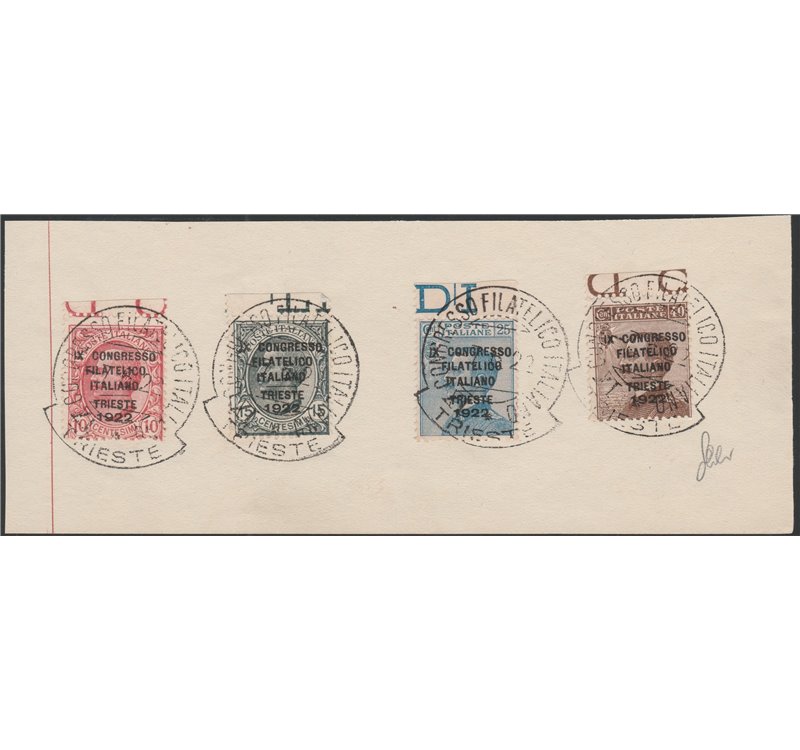 Italia 1922 - Congresso Filatelico di Trieste. la serie su frammento con bordo di foglio superiore. Cat. € 1600 (U)