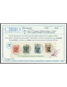 Italia 1922 - Congresso Filatelico di Trieste. la serie su frammento con bordo di foglio superiore. Cat. € 1600 (U)