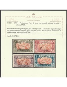 Italia 1923 - Propaganda Fide la serie con annulli originali in data. Cert.: Italia Colleziona. Cat. € 1600 (U)