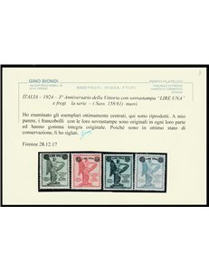 Italia 1924 - 3° Anniversario della Vittoria con sovr. "LIRE UNA" e fregi.  Ottima centr.Cat. € 900 (**)