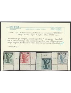 Italia 1924 - 3° Anniversario della Vittoria. la serie angolo di foglio, con sovrastampa "LIRE UNA". Cat. € 300 (**)