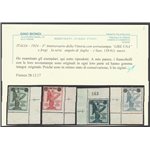 Italia 1924 - 3° Anniversario della Vittoria. la serie angolo di foglio, con sovrastampa "LIRE UNA". Cat. € 300 (**)