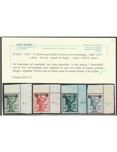 Italia 1924 - Vittoria con sovrastampa - la serie Angolo di Foglio. Cat. € 300 (**)