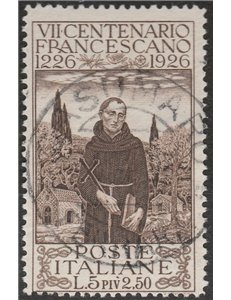 Italia  1926 - San Francesco L. 5 bruno con annullo originale in data. Cert.: Italia Colleziona. Cat. € 240 (U)