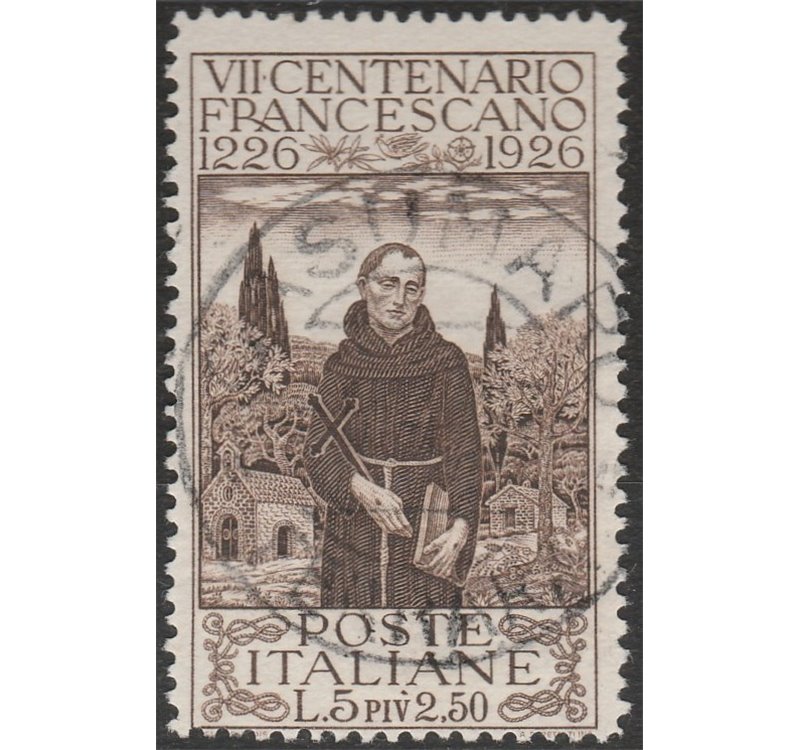 Italia  1926 - San Francesco L. 5 bruno con annullo originale in data. Cert.: Italia Colleziona. Cat. € 240 (U)