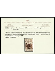 Italia  1926 - San Francesco L. 5 bruno con annullo originale in data. Cert.: Italia Colleziona. Cat. € 240 (U)