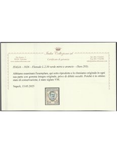 Italia  1926 - Floreale la serie. Cert.: Italia Colleziona. Cat. €375 (**)