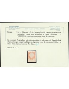 Italia  1926 - Floreale L. 2,50 Prova della cornice in arancio non dentellata e senza filigrana Cat. € 1500 (**)